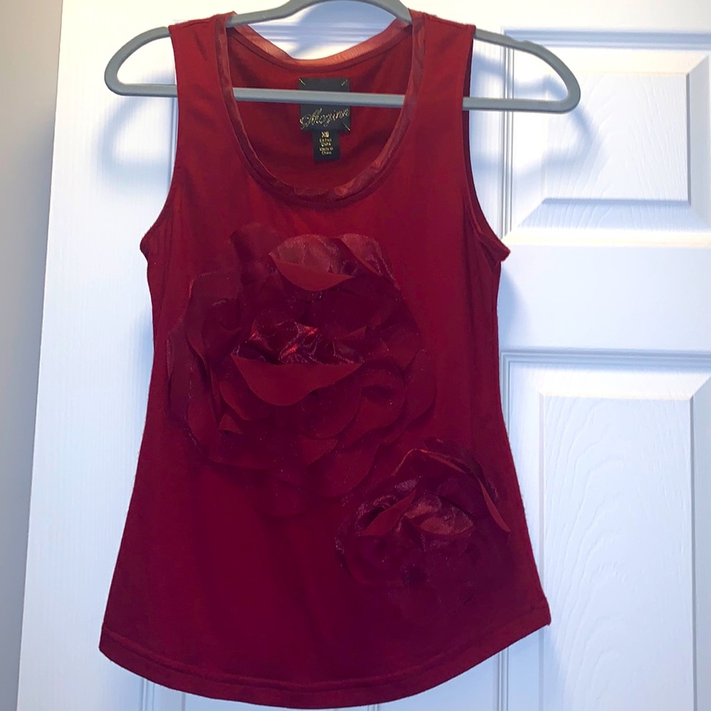 Embellished top from Anthropologie, XS, burgundy, organza flowers